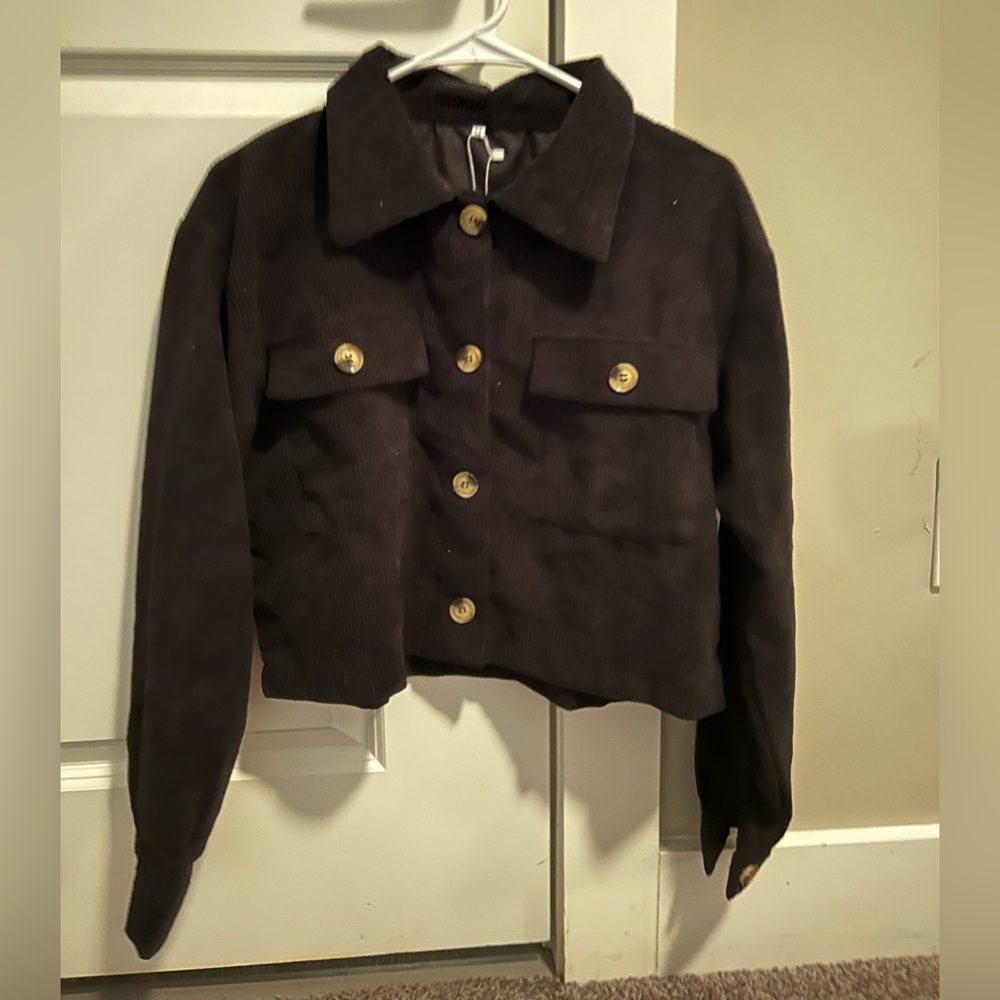 Sunifty Black Button Down Cropped Corduroy Jacket, Black, Size Medium